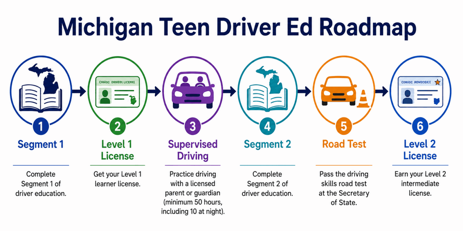 Michigan teen driver ed roadmap showing Segment 1, Segment 2, supervised driving, and road test steps